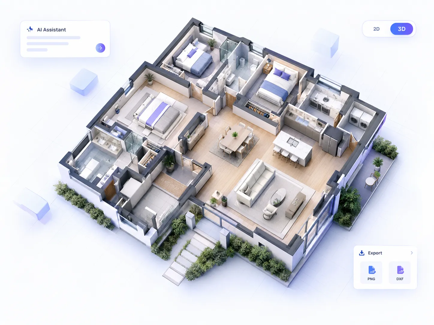 3D floor plan of a modern family home