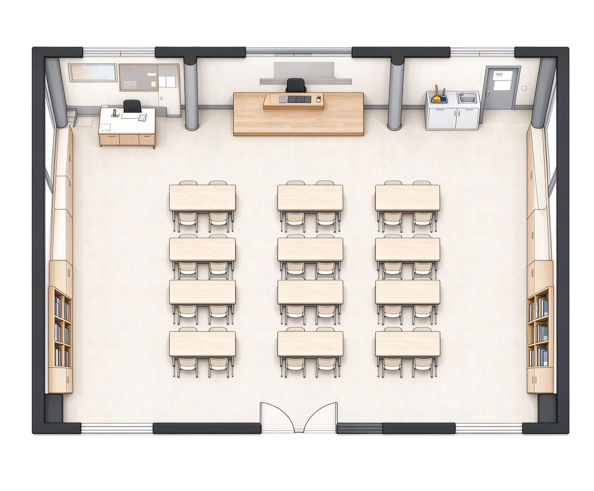 Example classroom floor plan with student seating, teaching equipment, and clear circulation paths