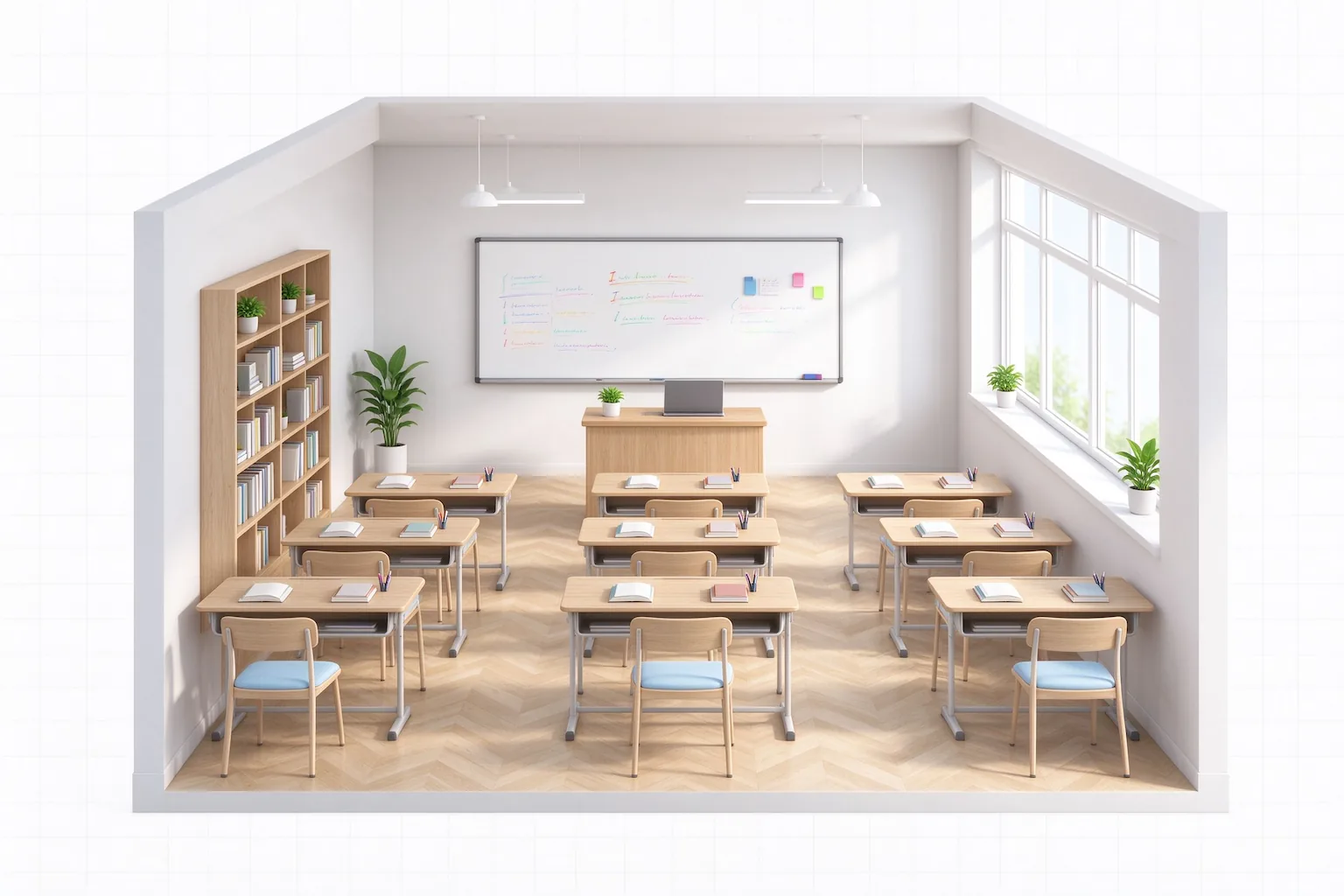 Six classroom types with space-specific default layouts