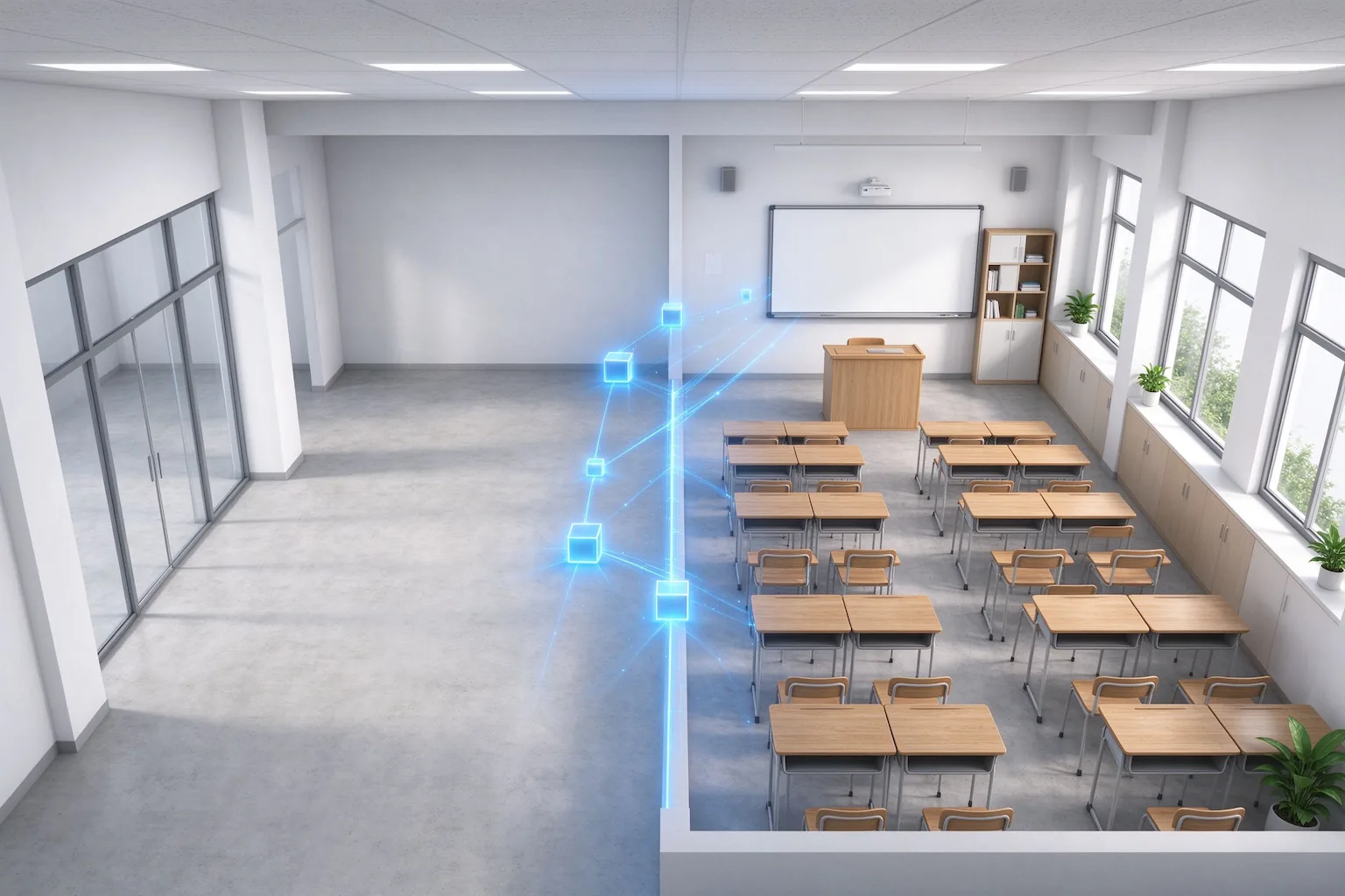 Classroom floor plan with student seating, teaching equipment, and aisle paths