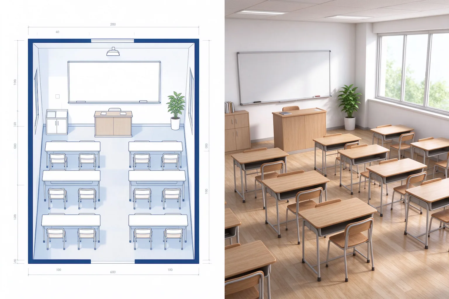 Classroom dimensions, rows, columns, and estimated area controls