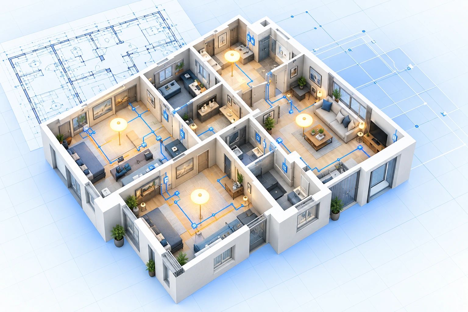 Organize tomadas, interruptores e iluminação na planta