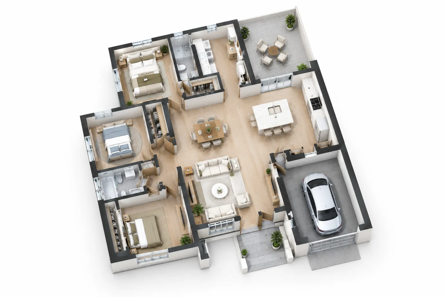 Example floor plan with bedrooms, living space, kitchen and bathroom