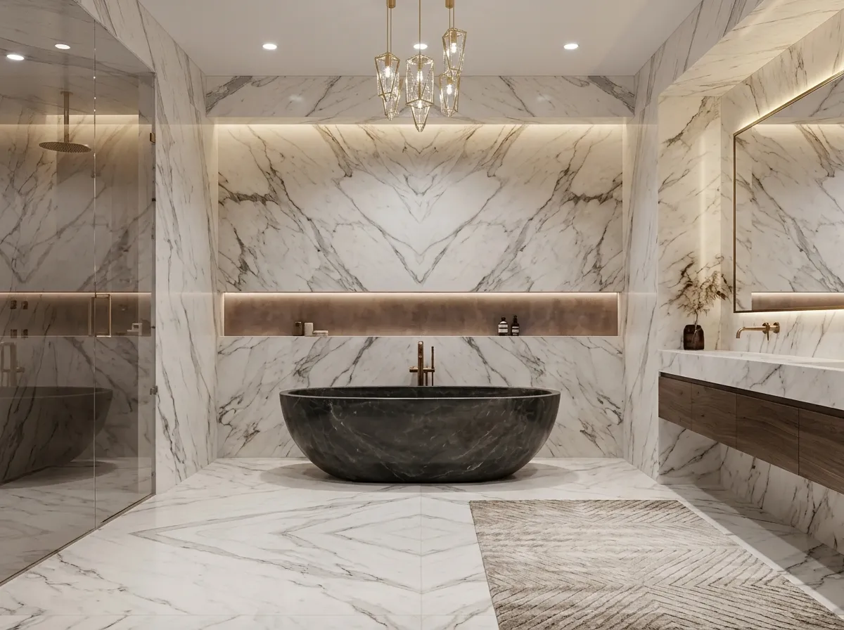 Luxury floor plan rendering with stone and refined finishes