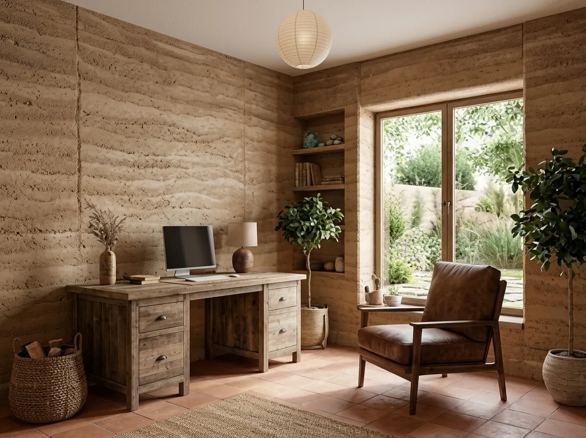 Natural floor plan rendering with earthy textures and a warm palette
