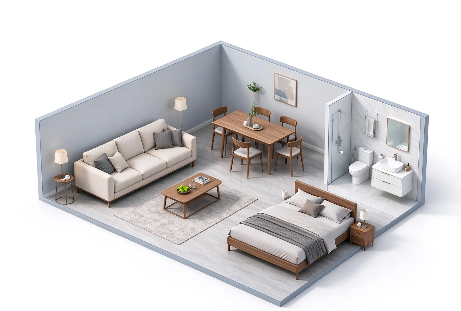 Floor plan and rendering showing the same room arrangement