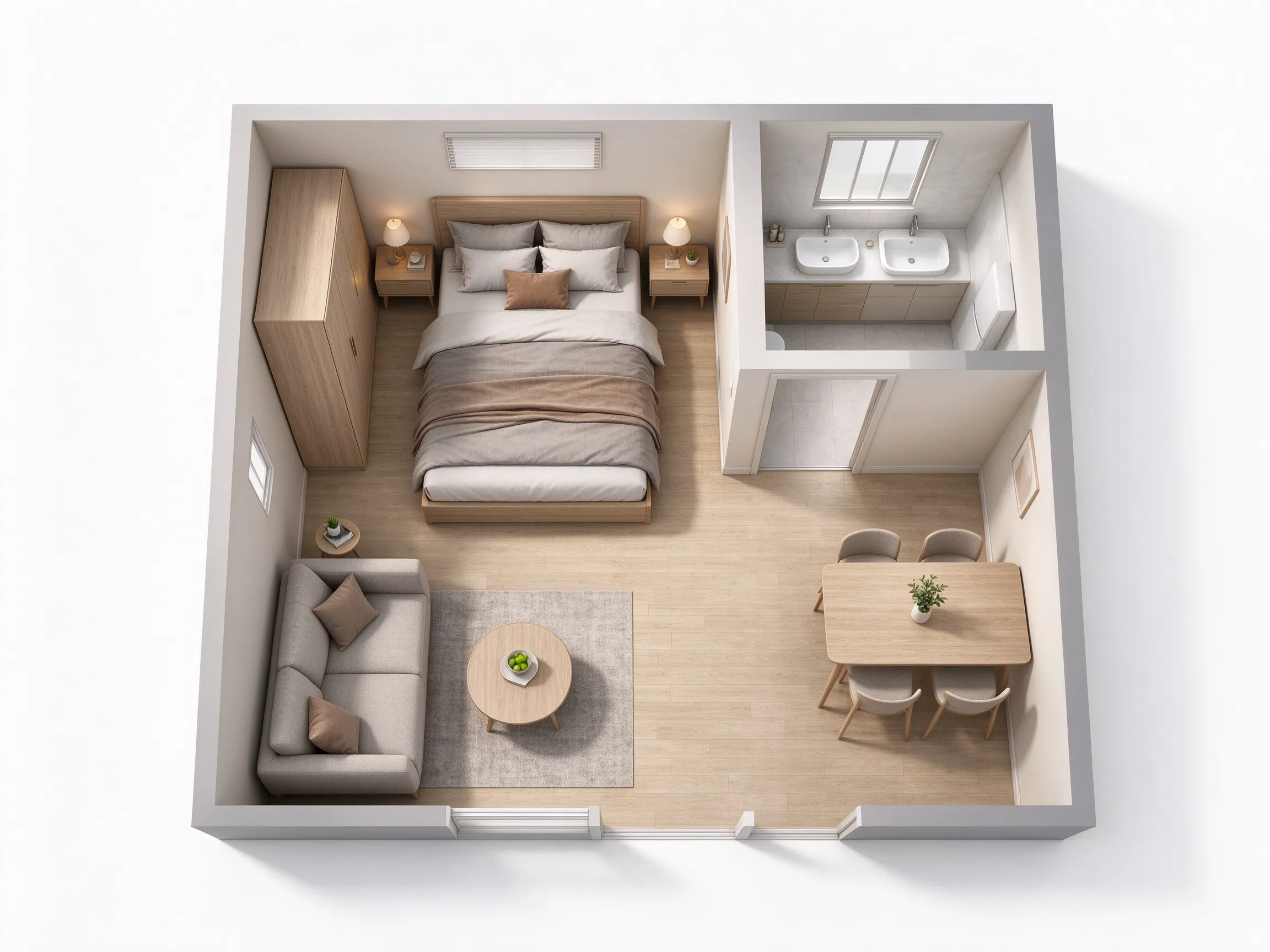 Floor plan rendering with furniture and room details