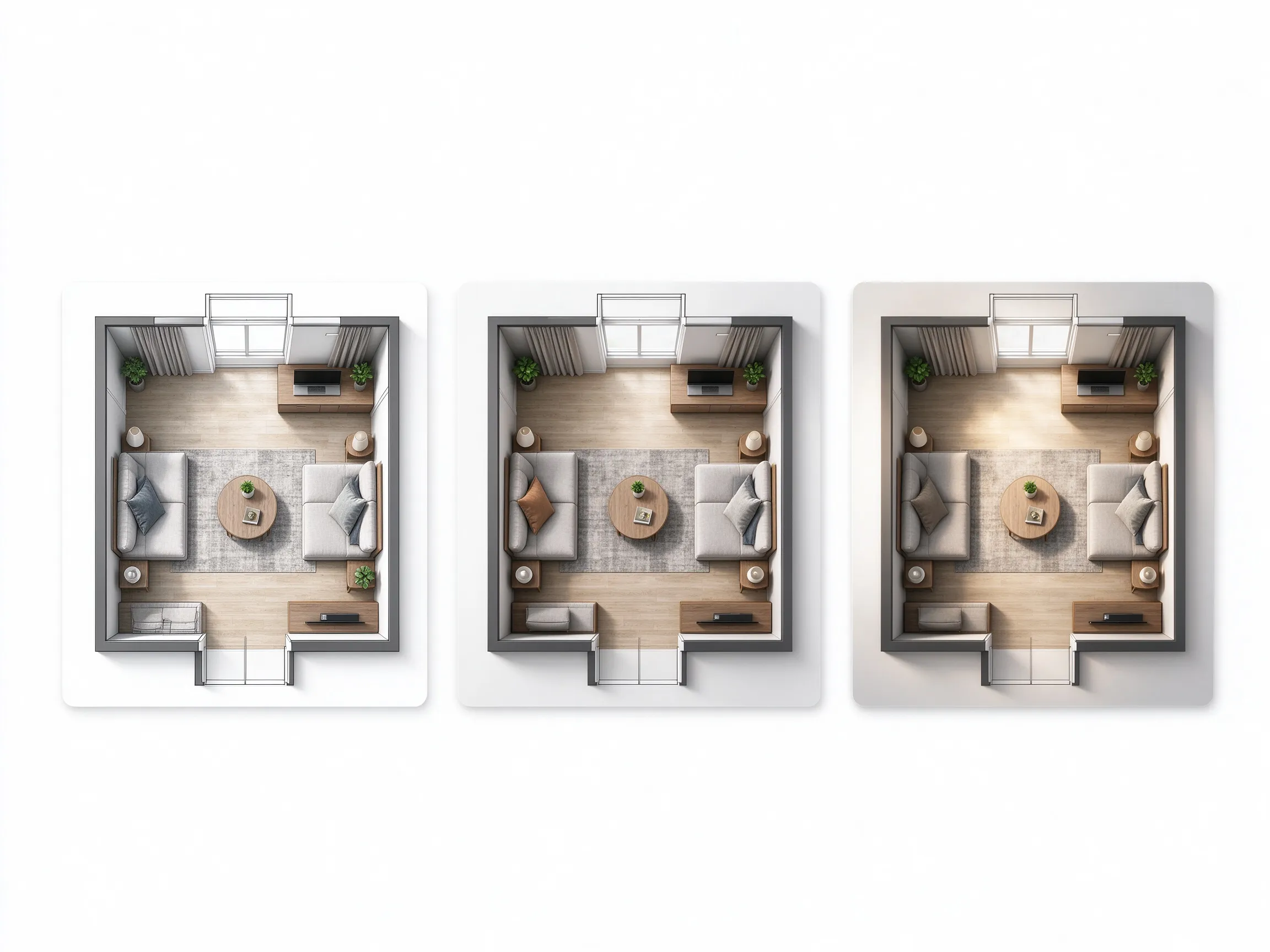 Rendered rooms with soft light and contact shadows