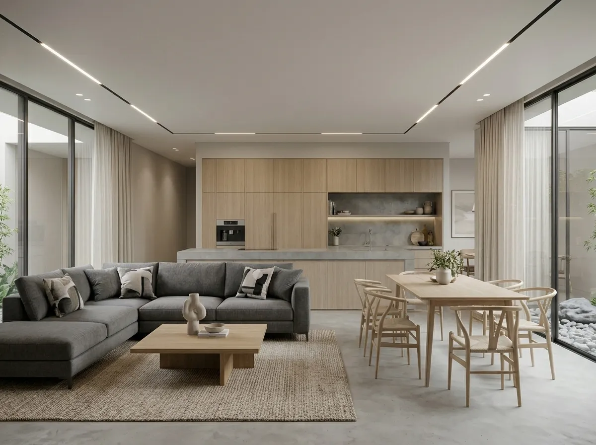 Modern floor plan rendering with neutral tones and oak flooring
