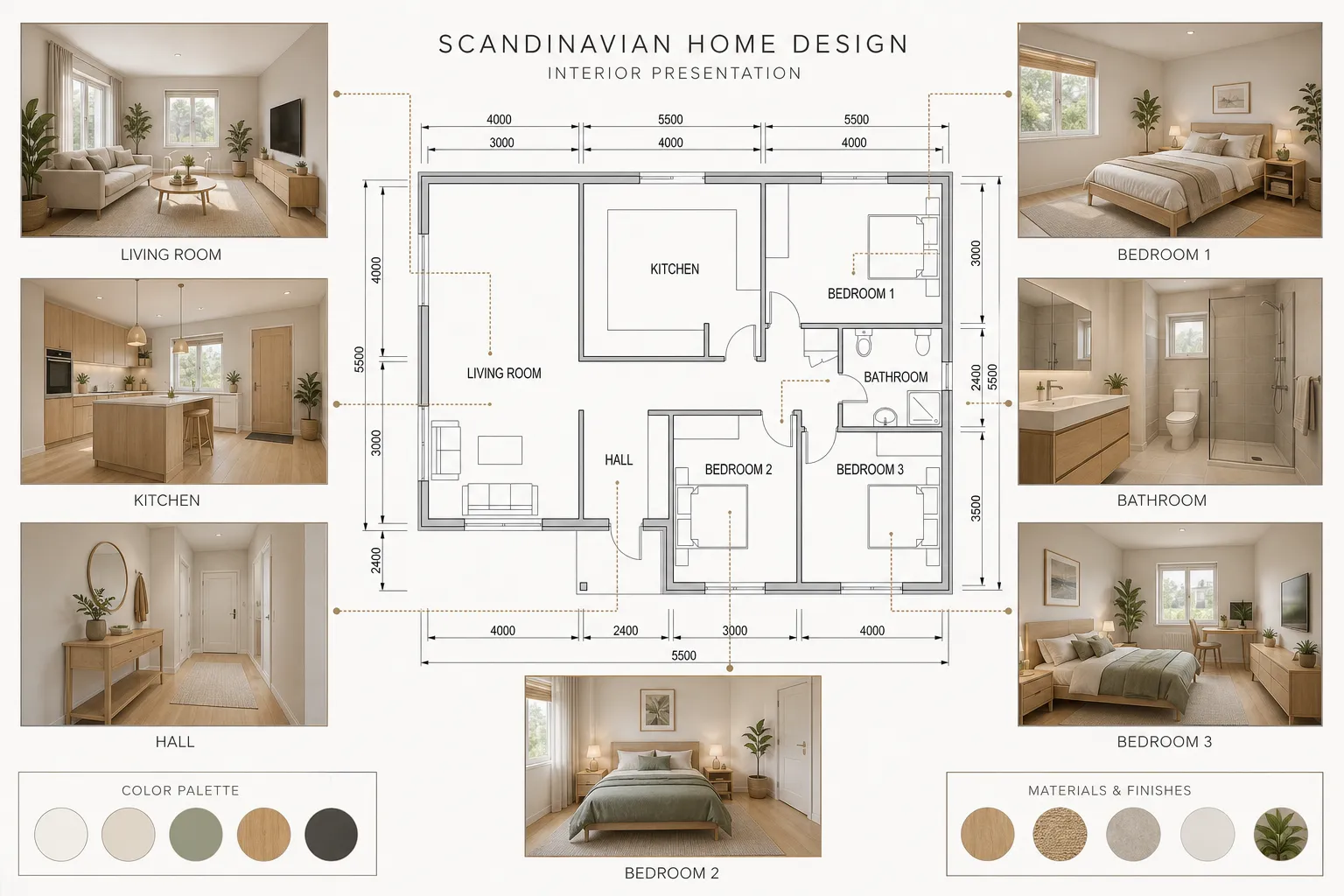 Scandinavian presentation example with the original plan and room renderings
