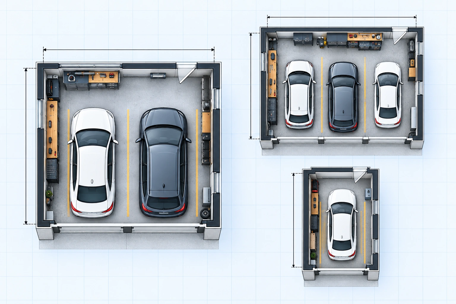 Garage vehicle bays and door configuration