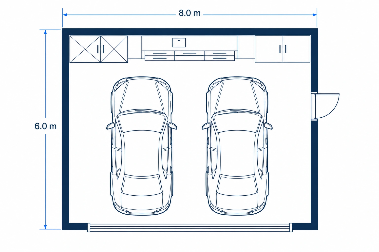 Example garage floor plan with vehicle spaces, storage, and work areas
