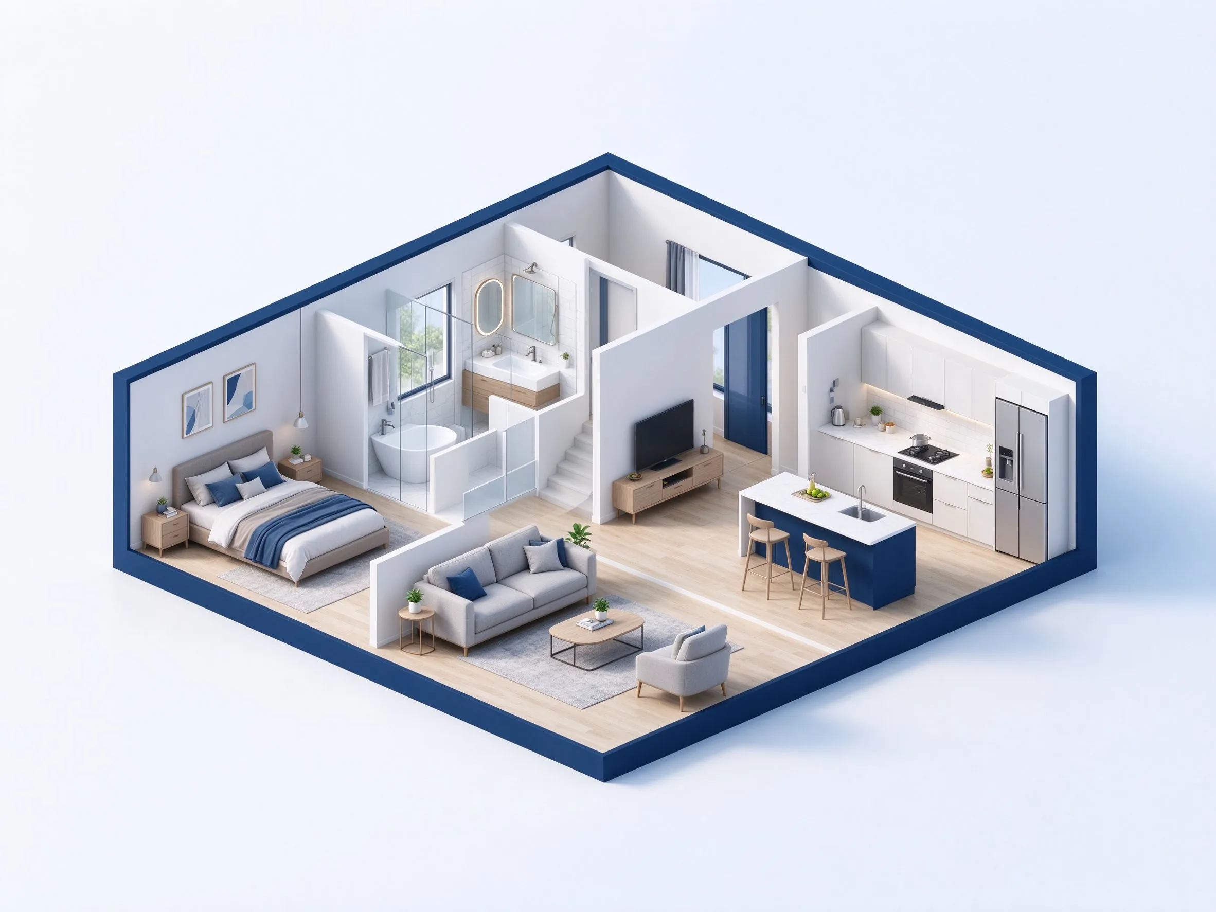 Plan de maison 3D avec chambre, salle de bains, îlot de cuisine et séjour ouvert