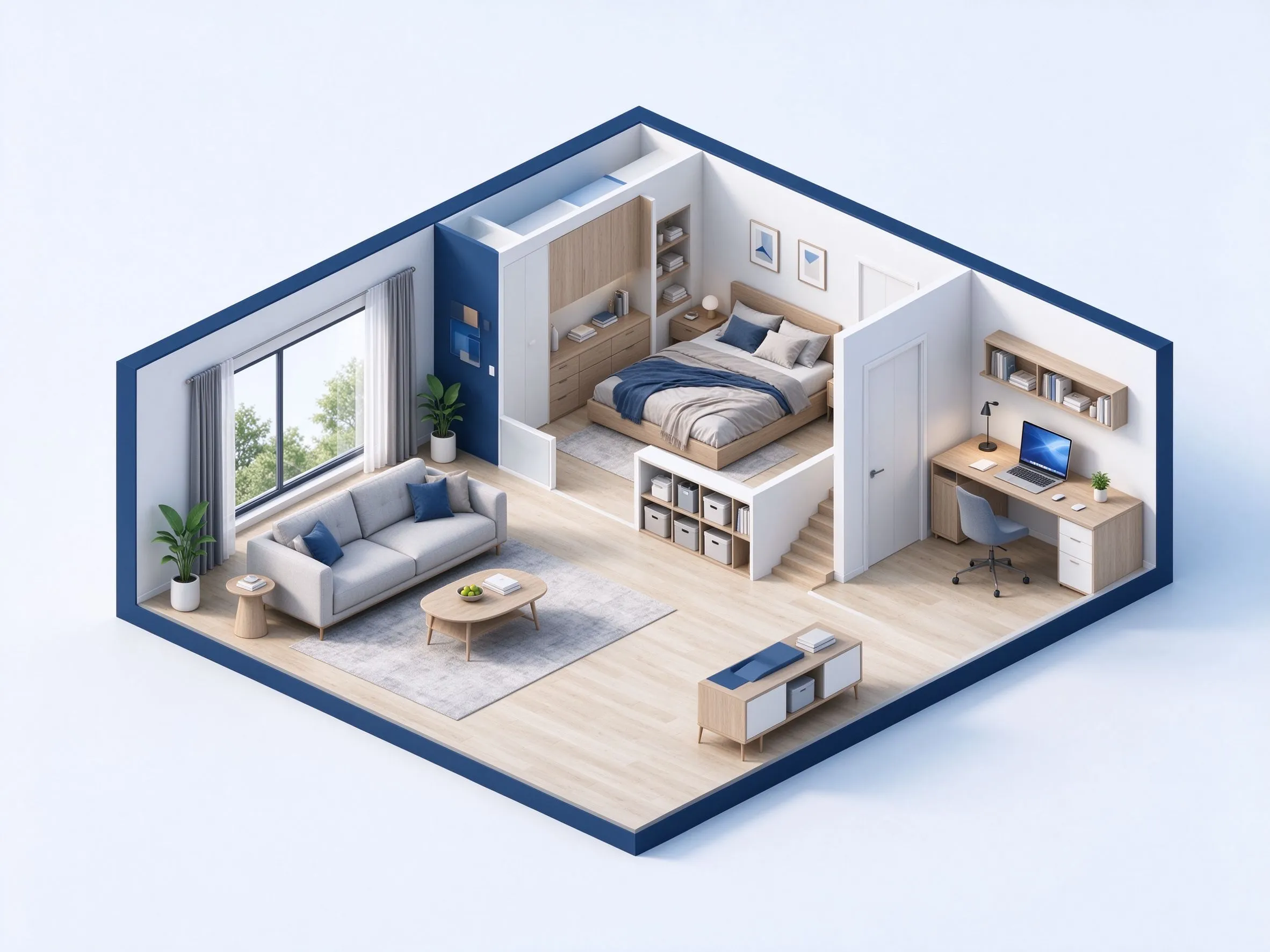 Plan de maison 3D avec séjour, chambre séparée et bureau