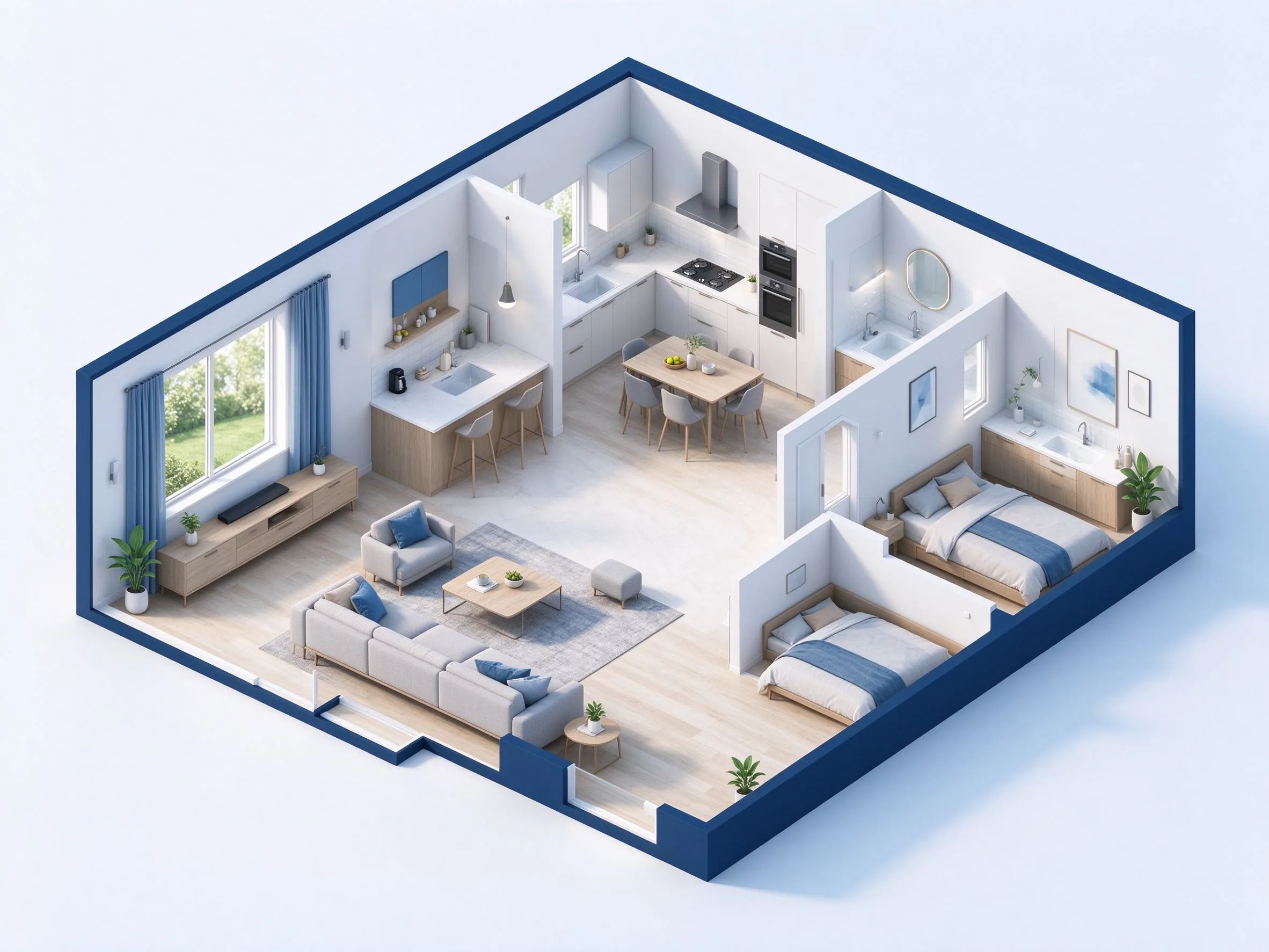 Plan de maison 3D avec deux chambres, séjour ouvert, cuisine et salle de bains