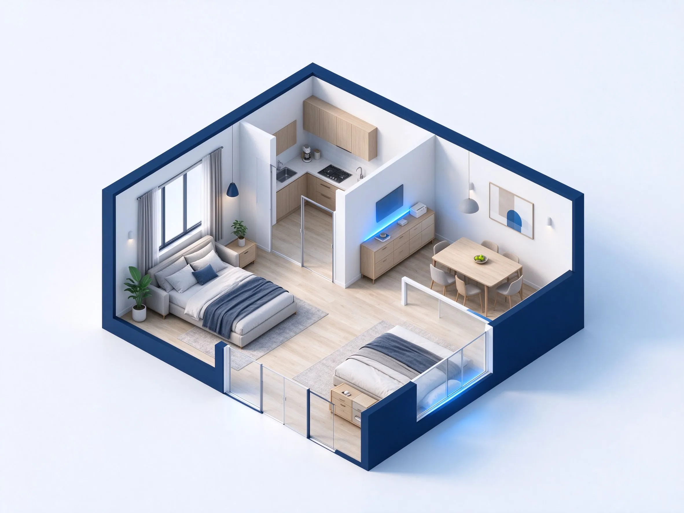 Plan de maison 3D avec chambres, cuisine, salle à manger et cloison mise en évidence