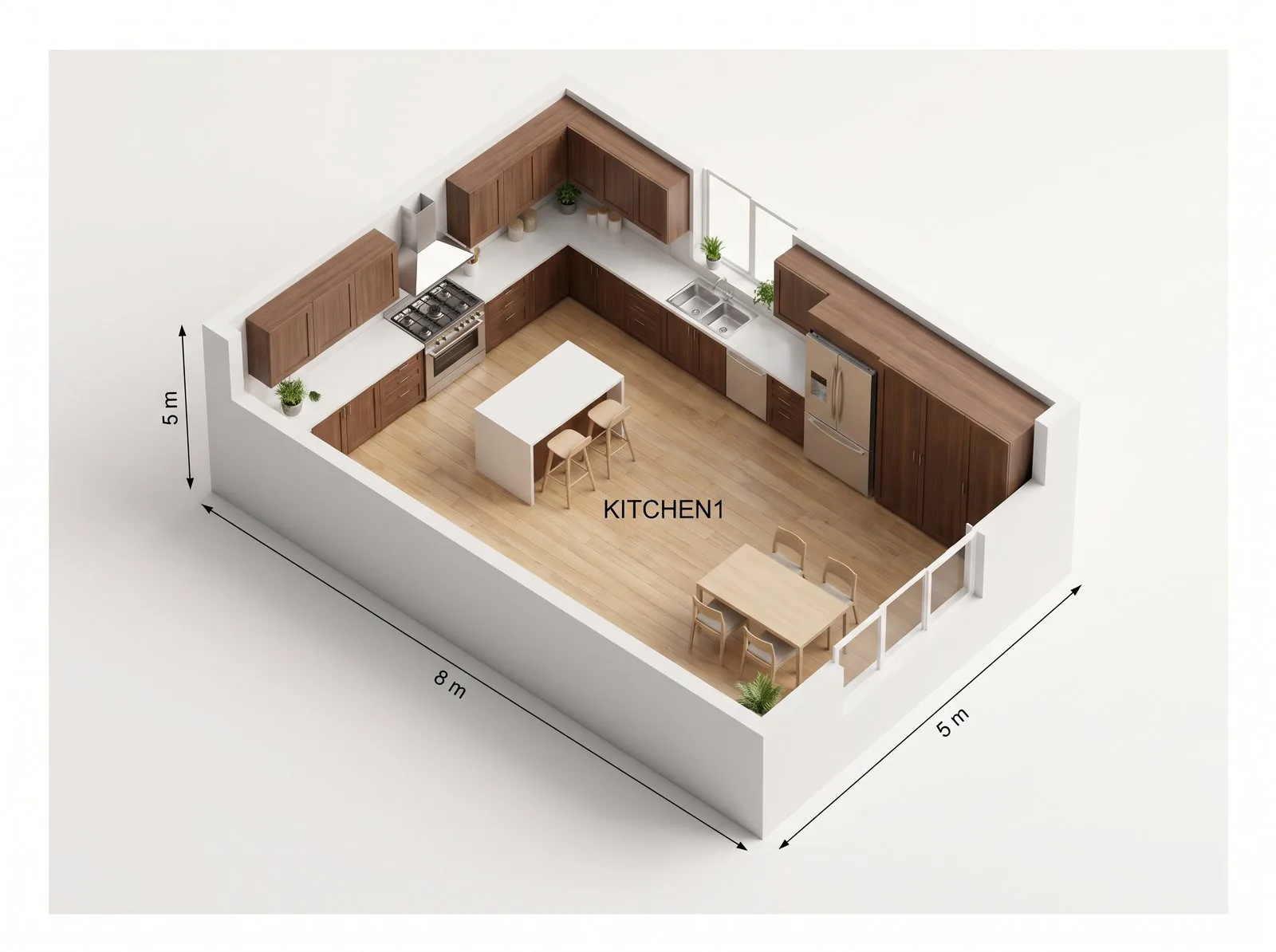 Esempio di planimetria della cucina con mobili, elettrodomestici e passaggi