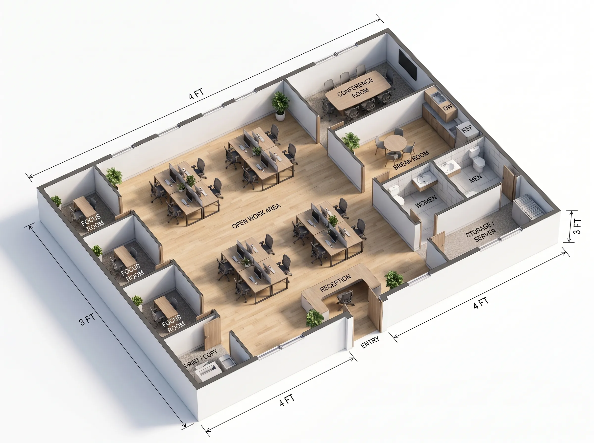 Illustrative office floor plan with workstations, meeting rooms, and shared spaces