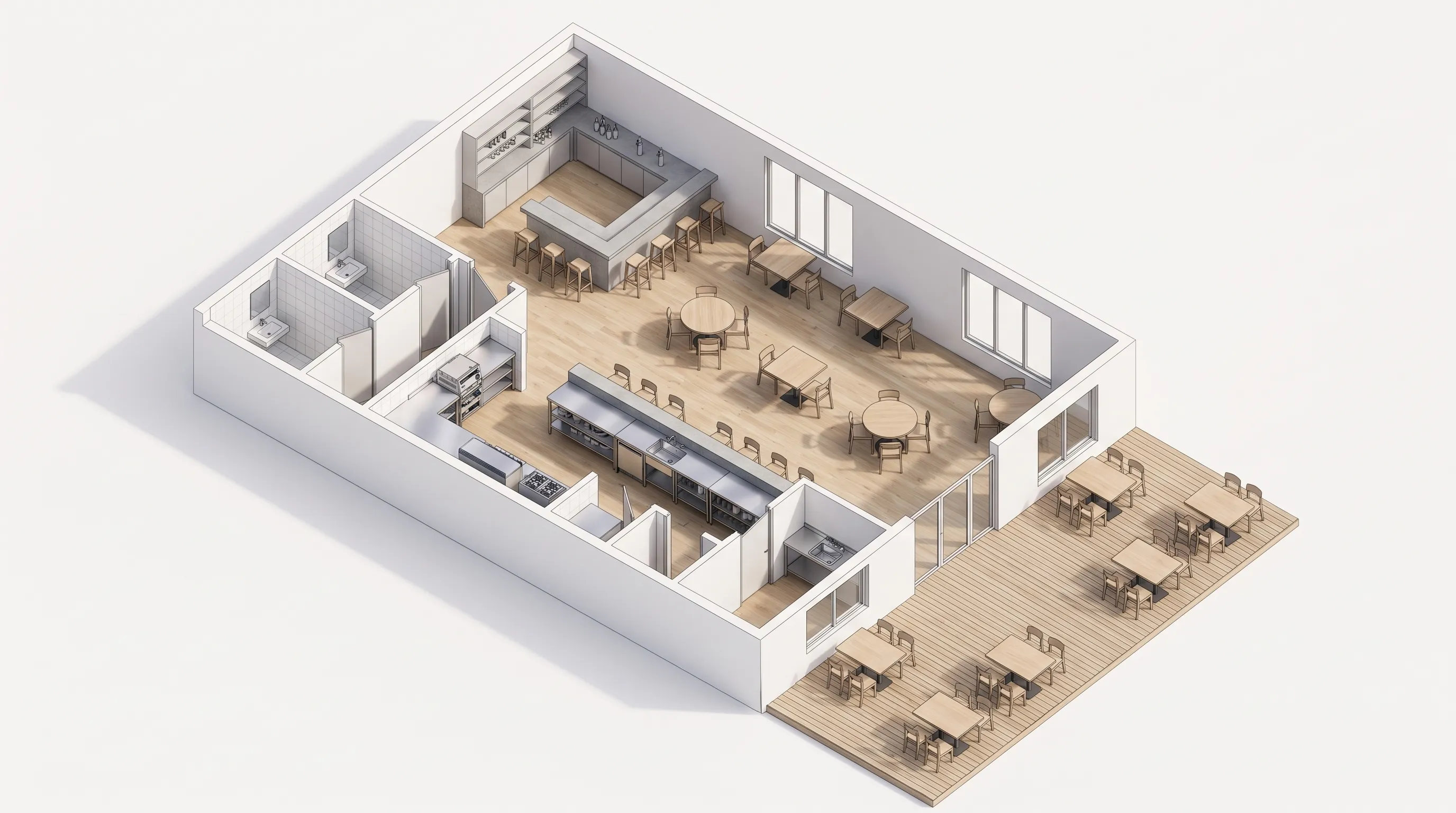 Illustrative casual dining floor plan with dining, kitchen, entrance, restrooms, a bar, and a waiting area.
