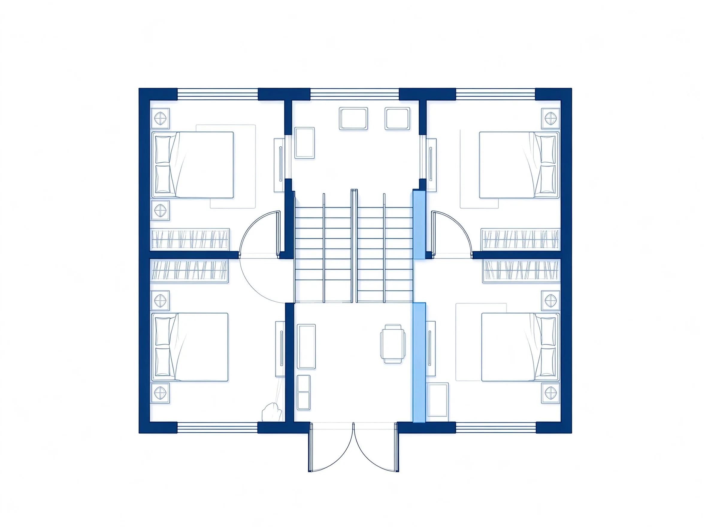 2D-Grundriss mit zentraler Treppe, Haupteingang und umliegenden Räumen