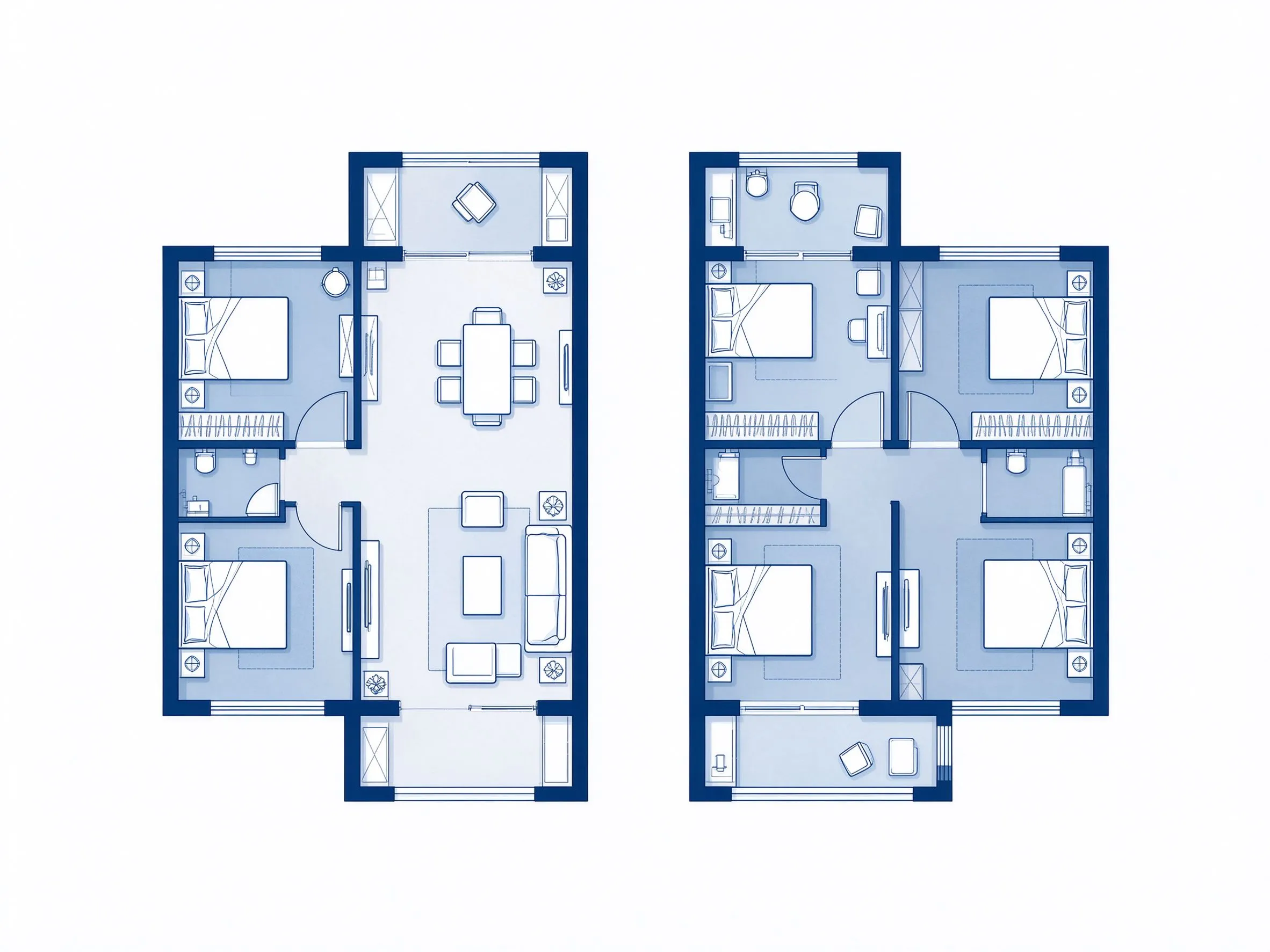 Zwei Grundrissbeispiele mit unterschiedlicher Anordnung von Schlafzimmern, Wohnzimmer und Laufwegen
